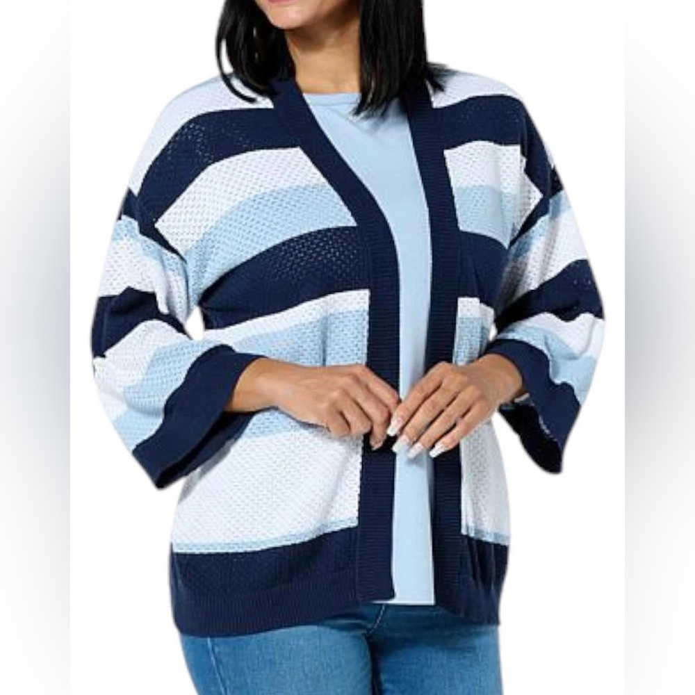 Diane Gilman Navy, Light Blue & White Striped Open Cardigan